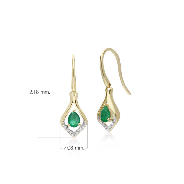 Klassische Birnen-Smaragd- und Diamant-Blatt-Tropfenohrringe in 9 Karat Gelbgold