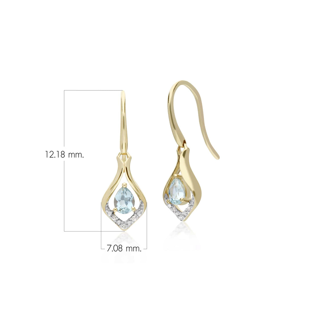 Klassische Halo-Tropfenohrringe mit Birnen-Aquamarin und Diamantblatt in 9 Karat Gold