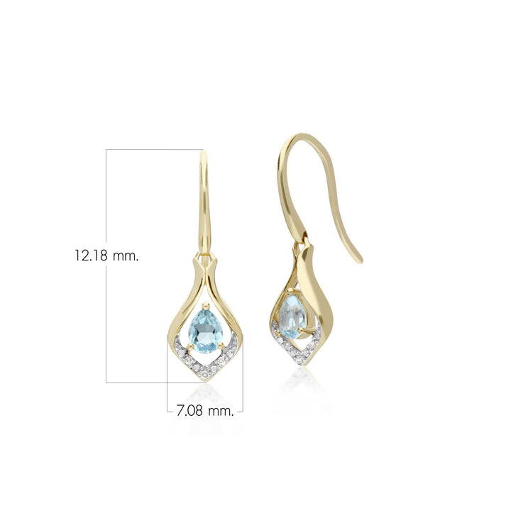 Klassische Halo-Ohrringe mit Birnenblauem Topas und Diamantblatt in 9 Karat Gelbgold