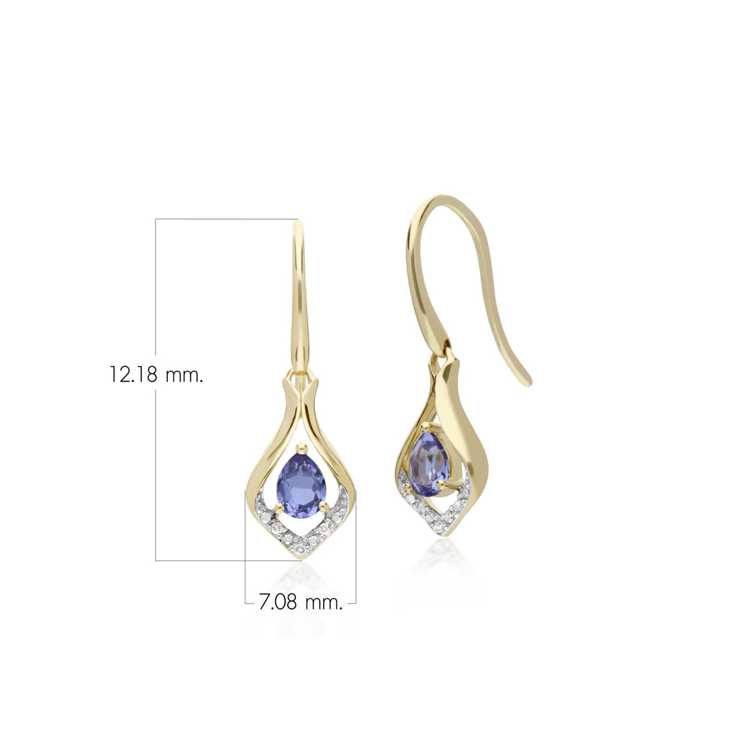 Klassische Birnen-Tansanit- &amp; Diamantblatt-Halo-Ohrringe in 9 Karat Gelbgold