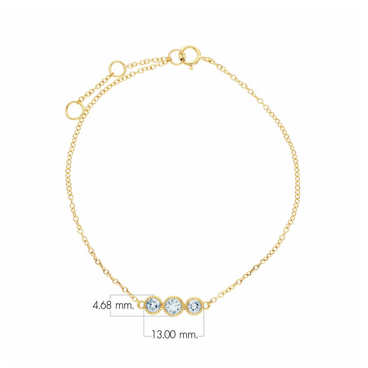 Klassisches rundes Milgrain-Armband mit drei Steinen aus Aquamarin in 9 Karat Gelbgold