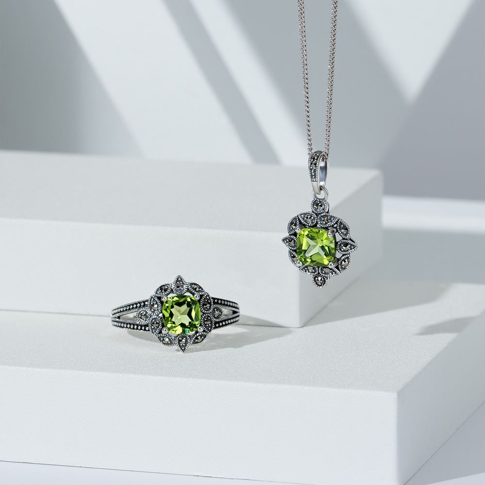 Art Deco Style Cushion Peridot & Marcasite Ring in Sterling Silver