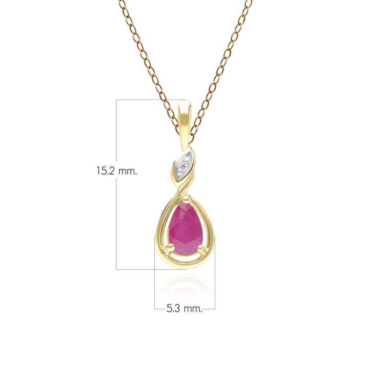Klassische Halskette mit birnenförmigem Rubin- und Diamantanhänger aus 9 Karat Gelbgold
