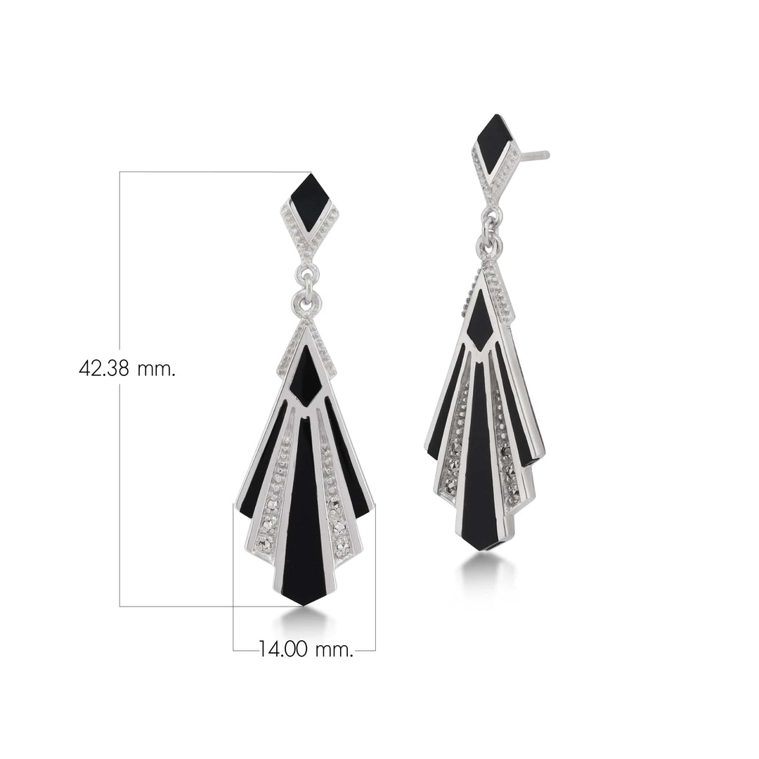 Cabochon-Ohrringe aus schwarzem Onyx und Markasit im Art-Deco-Stil