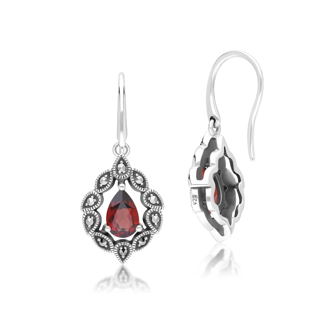 Tropfenohrringe im Art-Deco-Stil mit Granat und Markasit, Sterlingsilber