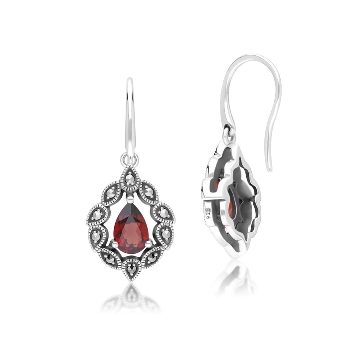 Tropfenohrringe im Art-Deco-Stil mit Granat und Markasit, Sterlingsilber