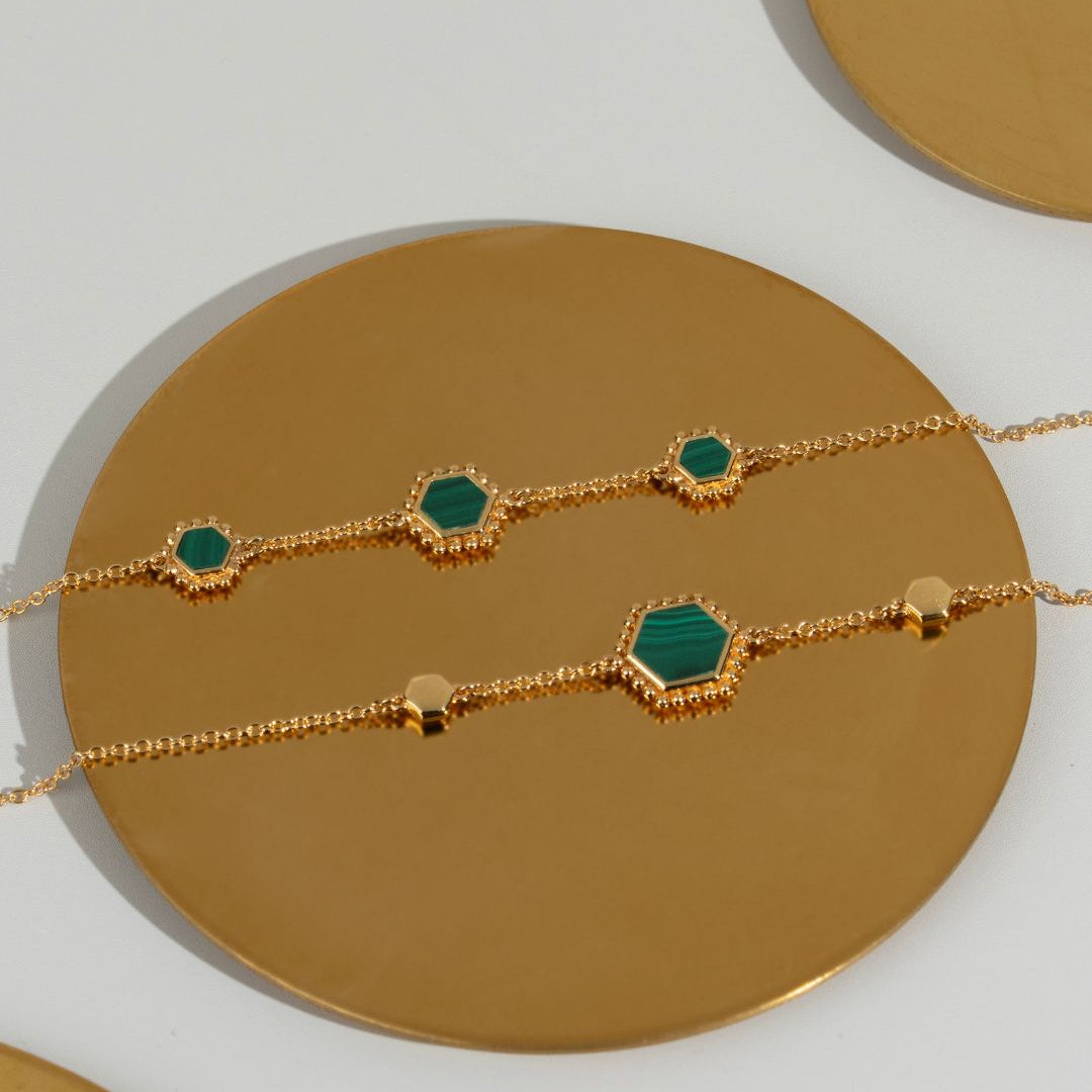 Malachit Flat Slice Hex Chain Armband in vergoldetem Silber