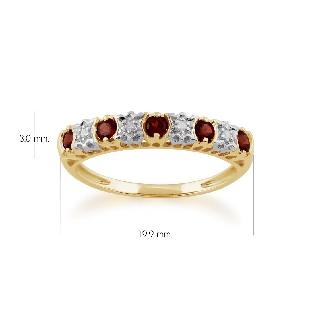 Klassischer runder halber Ewigkeitsring mit Granat und Diamant in 9 Karat Gelbgold