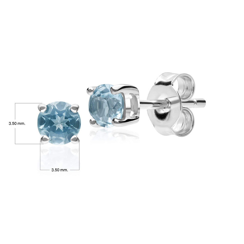 Klassische runde Ohrstecker mit blauem Topas in 9 Karat Weißgold, 3,5 mm