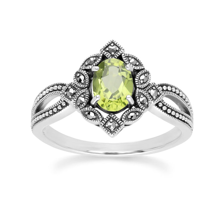 Ovaler Peridot- und Markasitring im Art-Deco-Stil aus Sterlingsilber