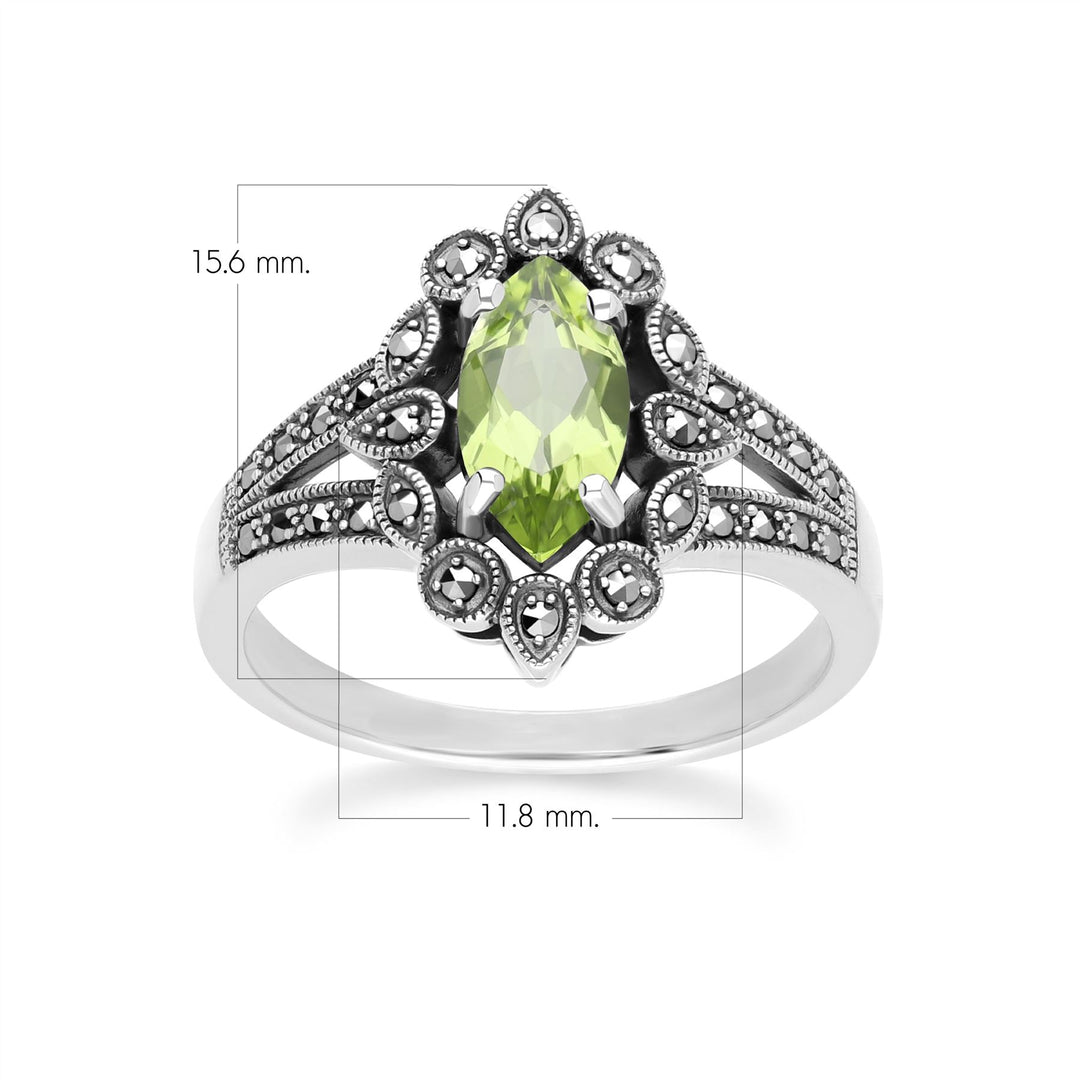 Art-Deco-Ring im Marquise-Peridot- und Markasit-Stil aus Sterlingsilber