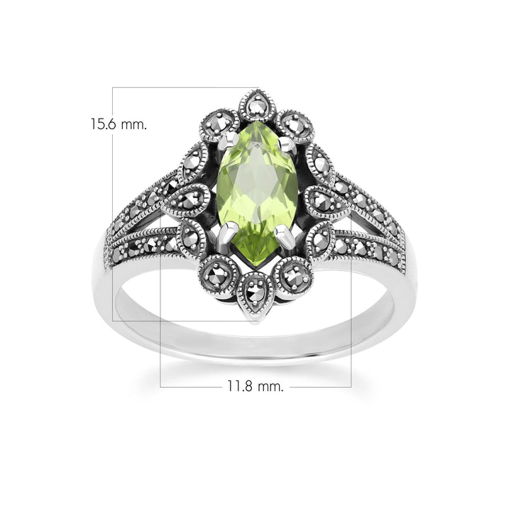 Art-Deco-Ring im Marquise-Peridot- und Markasit-Stil aus Sterlingsilber