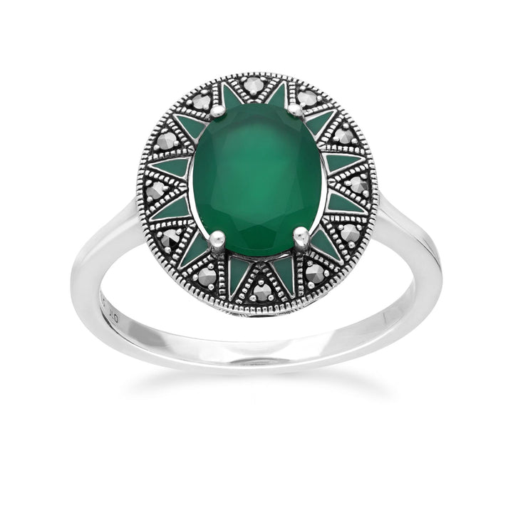Ovaler Ring aus Chalcedon und Markasit im Art-Deco-Stil