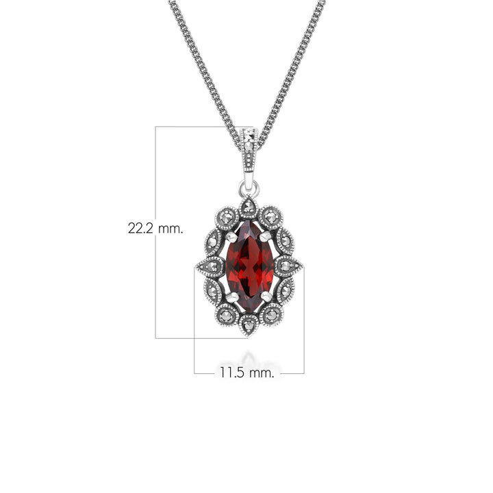 Halskette mit Anhänger im Art-Deco-Stil mit Marquise-Granat und Markasit aus Sterlingsilber