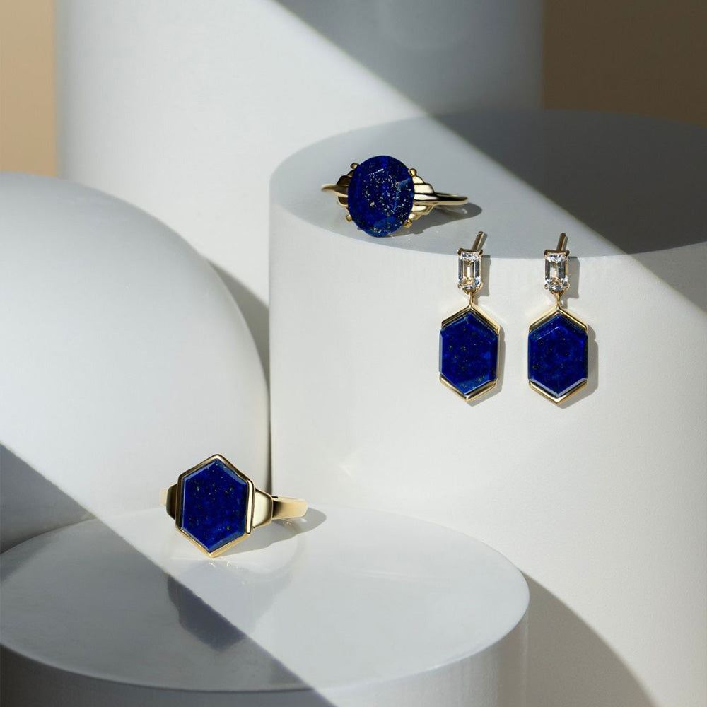 Grand Deco Sechseck-Tropfenohrringe aus Lapislazuli und Topas in Gold Vermeil