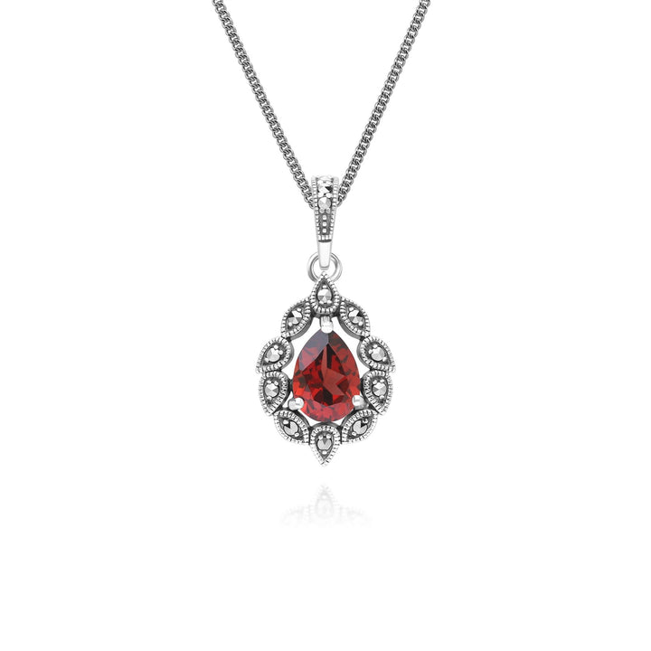 Halskette mit Anhänger im Art-Deco-Stil mit Granat- und Markasit-Anhänger aus Sterlingsilber