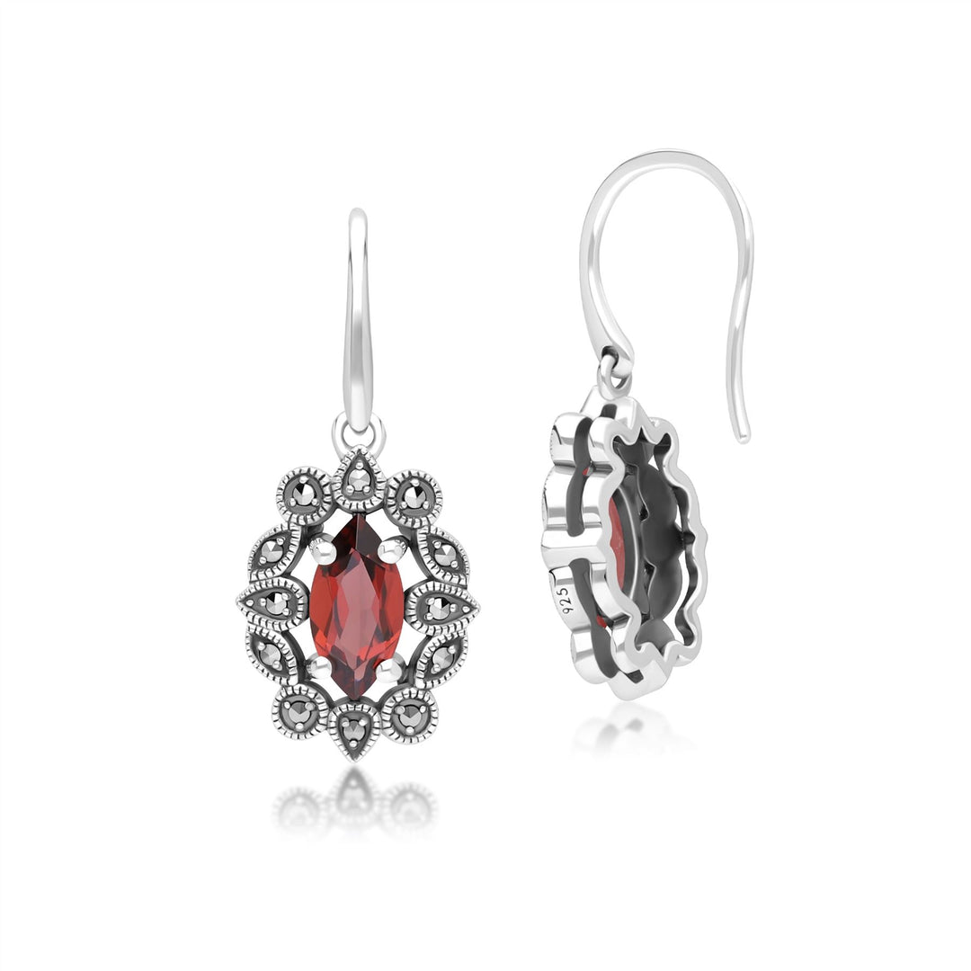 Marquise-Granat- und Markasit-Tropfenohrringe im Art-Deco-Stil aus Sterlingsilber