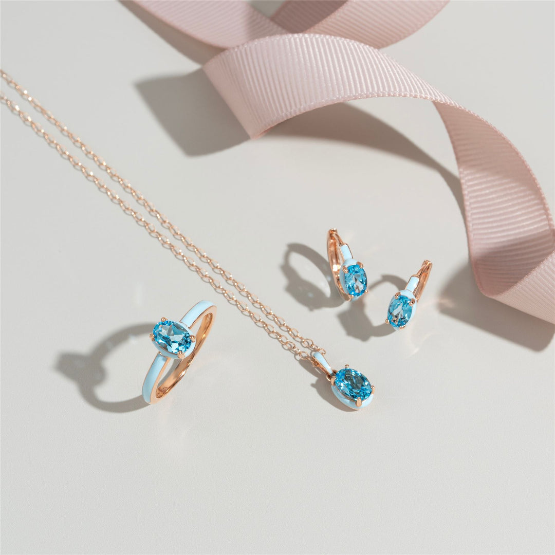 Halskette mit Anhänger „Siberian Waltz“ aus blauem Emaille und ovalem himmelblauem Topas in Roségold-Vermeil