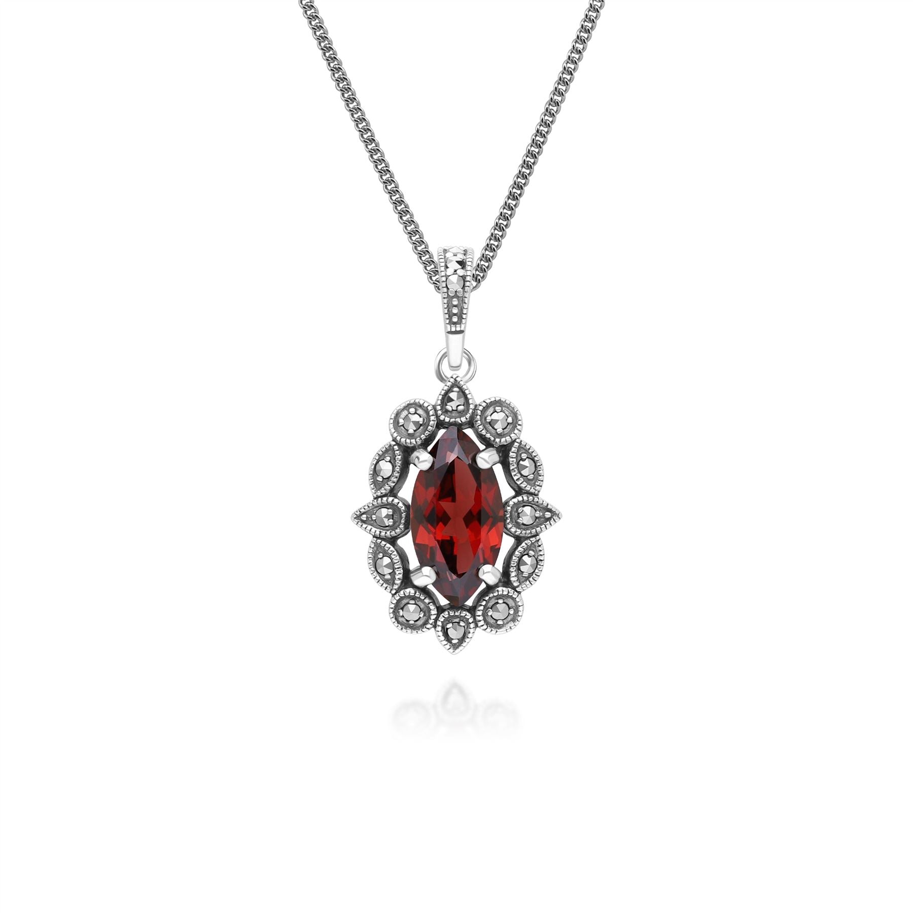 Art Deco Style Marquise Garnet & Marcasite Pendant Necklace in Sterling Silver