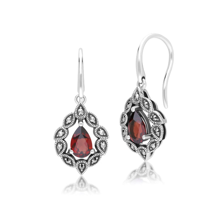 Tropfenohrringe im Art-Deco-Stil mit Granat und Markasit, Sterlingsilber