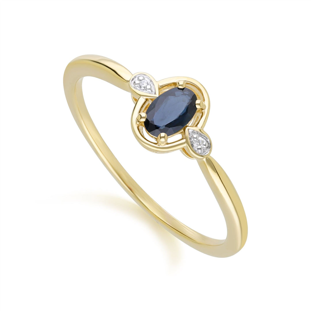Klassischer ovaler Saphir- und runder Diamantring aus 9 Karat Gelbgold