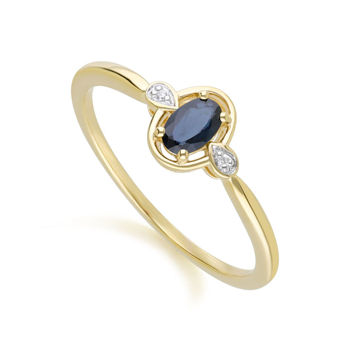 Klassischer ovaler Saphir- und runder Diamantring aus 9 Karat Gelbgold