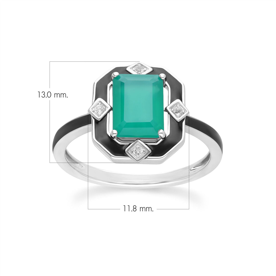 Grand Deco Ring aus Sterlingsilber mit schwarzem Emaille, grünem Chalcedon und Topas