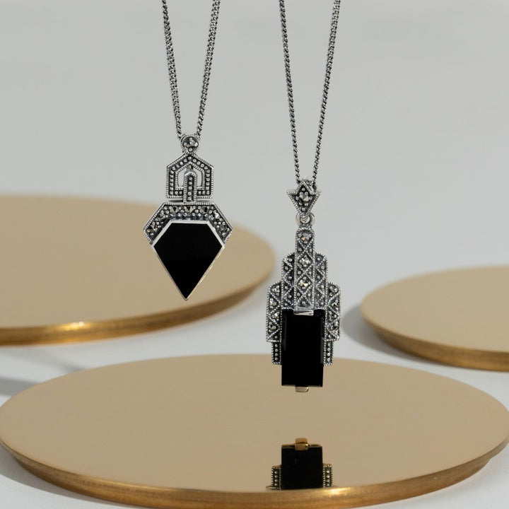 Art-Deco-Stil, rechteckig, schwarzer Onyx, Cabochon und Markasit-Halskette aus Sterlingsilber