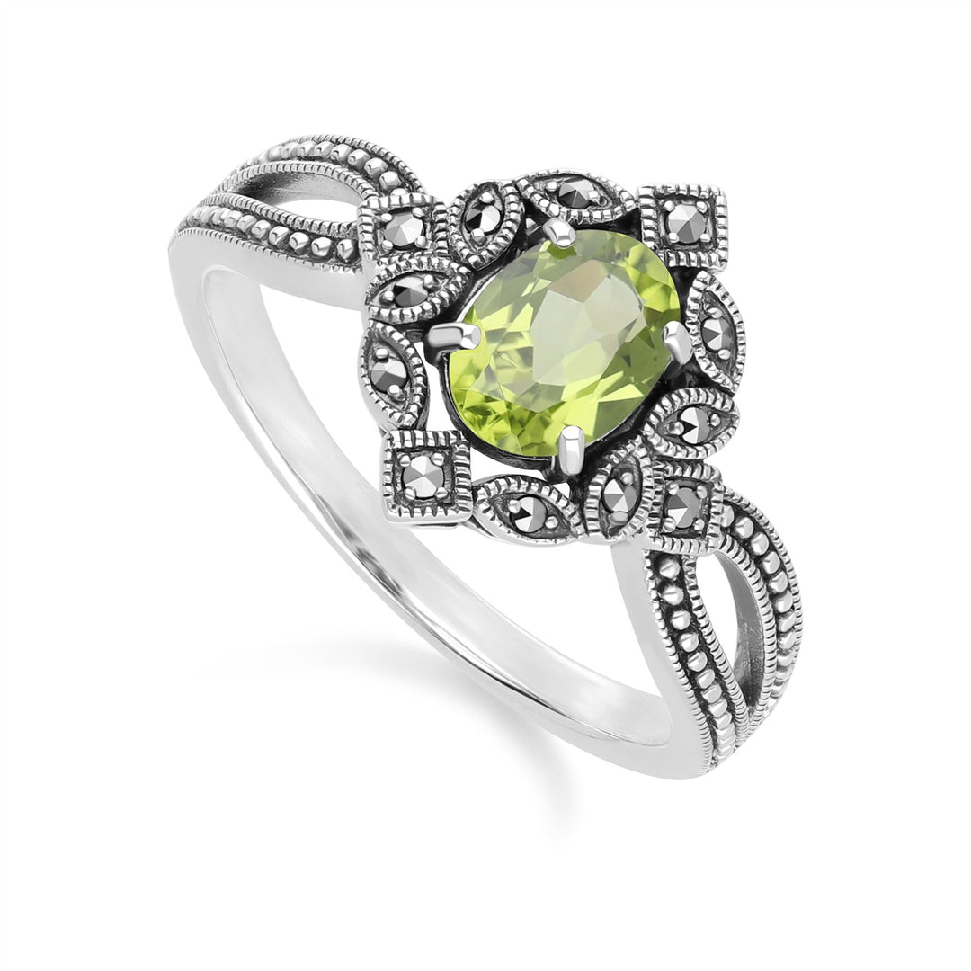 Ovaler Peridot- und Markasitring im Art-Deco-Stil aus Sterlingsilber