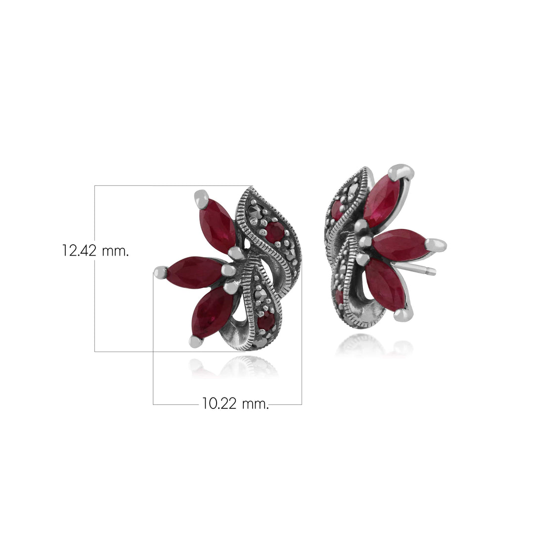 Marquise-Rubin- und Markasit-Blatt-Ohrstecker im Jugendstil aus 925er Sterlingsilber
