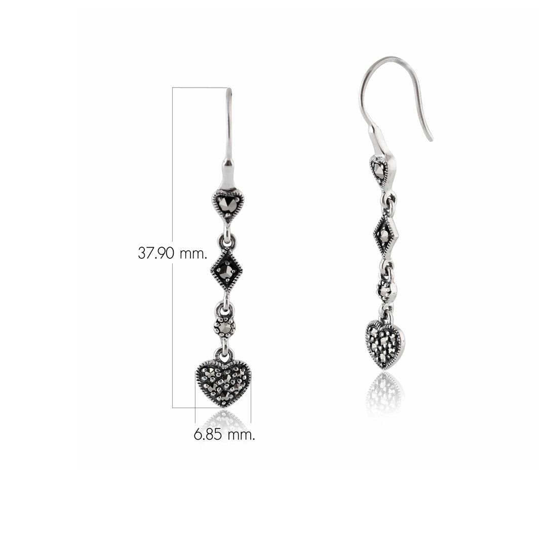 Art-Deco-Stil Runde Markasit Pave Set Herz-Tropfen-Ohrringe in 925 Sterling Silber