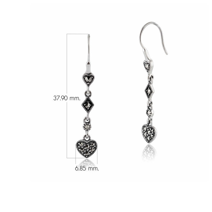 Art-Deco-Stil Runde Markasit Pave Set Herz-Tropfen-Ohrringe in 925 Sterling Silber