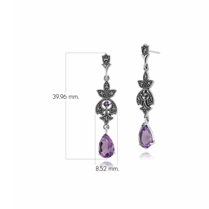 Tropfenohrringe im Jugendstil-Stil mit Birnen-Amethyst und rundem Markasit aus 925er-Sterlingsilber
