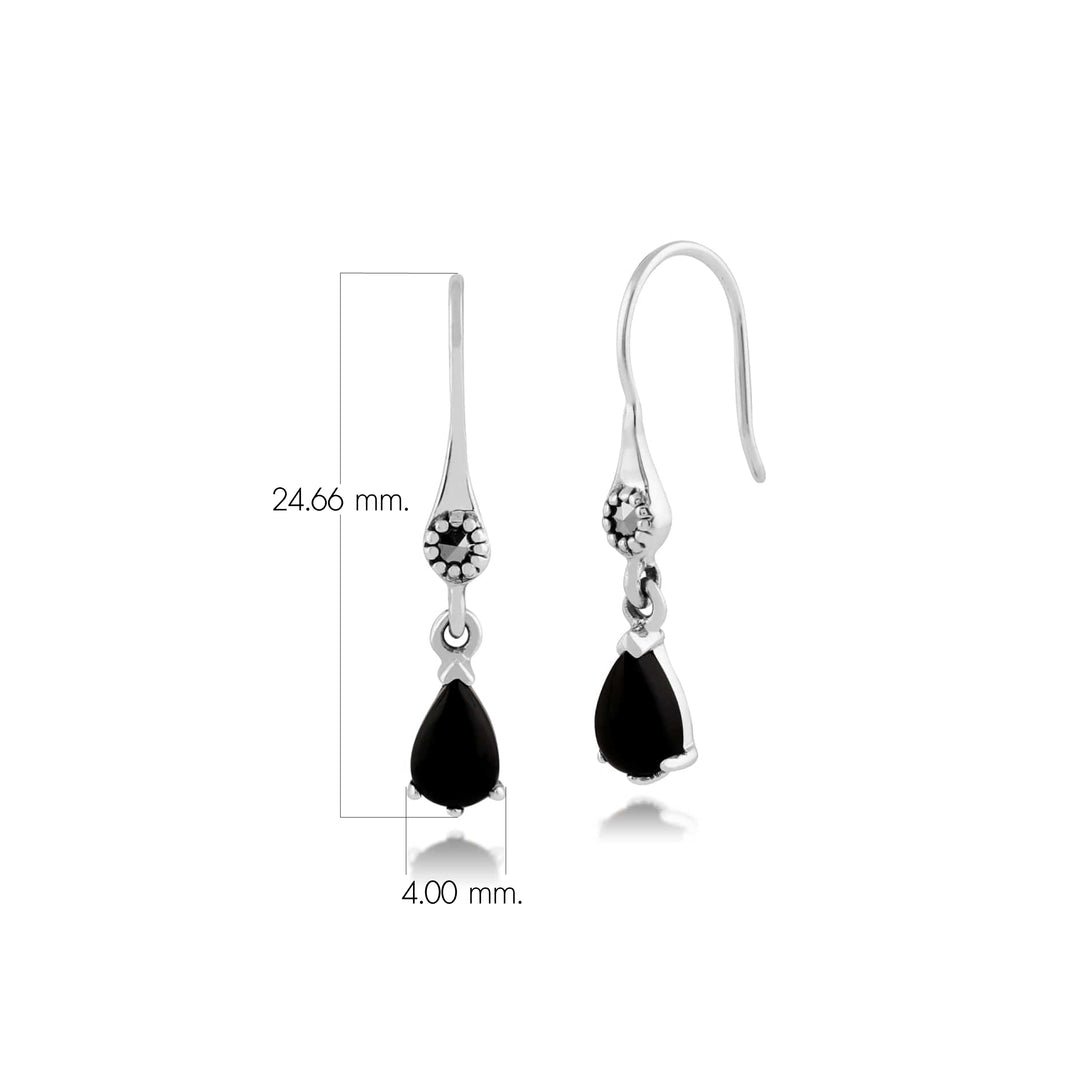 Birnen-Ohrringe aus schwarzem Onyx und Markasit im Jugendstil aus 925er Sterlingsilber