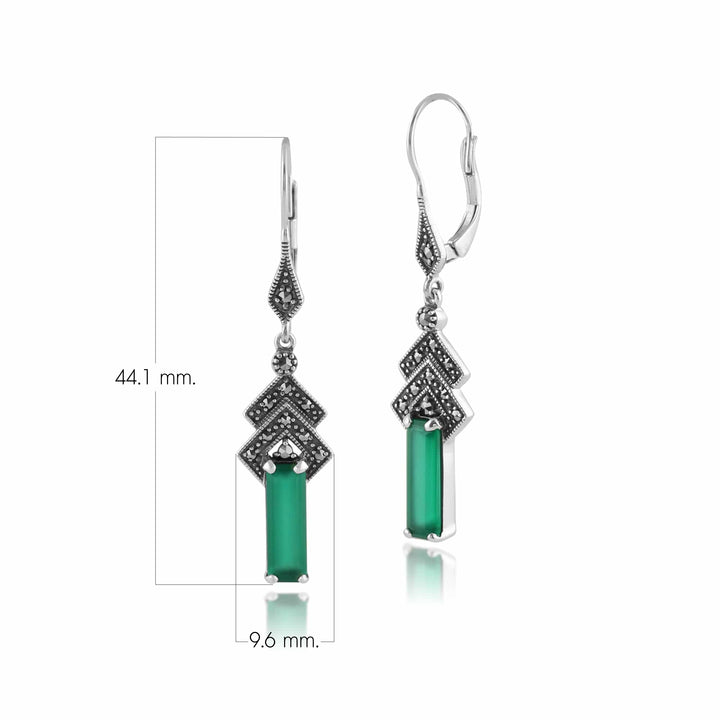Rechteckige grüne Chalcedon- und Markasit-Ohrringe im Art-Deco-Stil in Silber