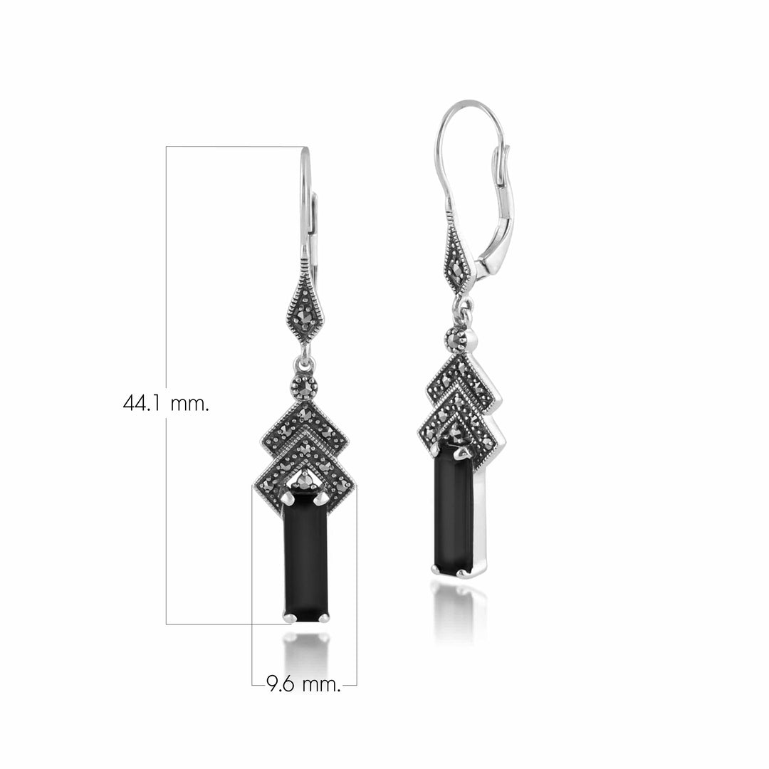 Rechteckige schwarze Onyx- und Markasit-Ohrringe im Art-Deco-Stil in Silber
