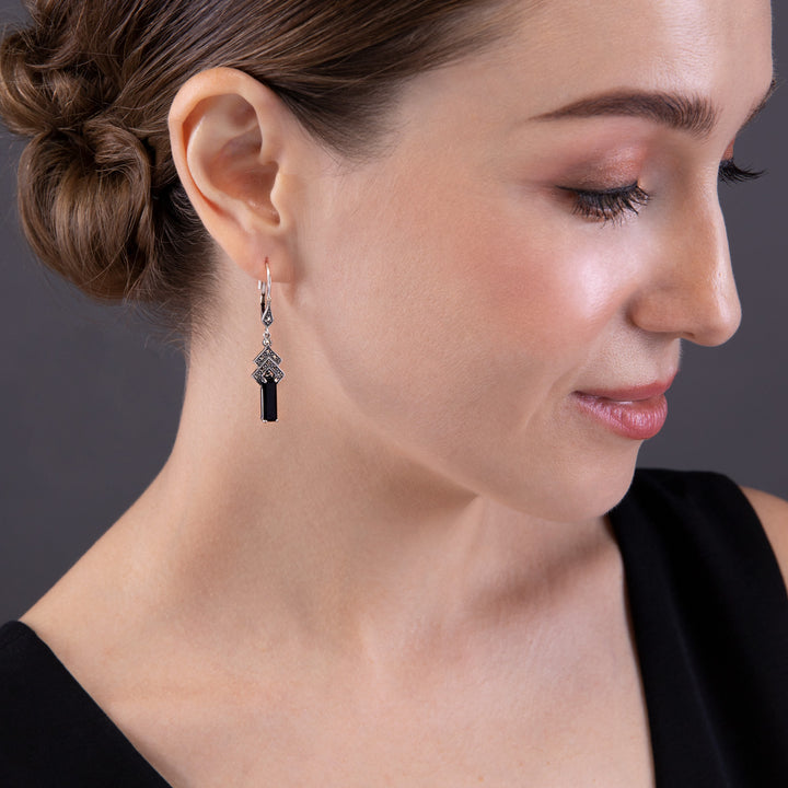 Rechteckige schwarze Onyx- und Markasit-Ohrringe im Art-Deco-Stil in Silber