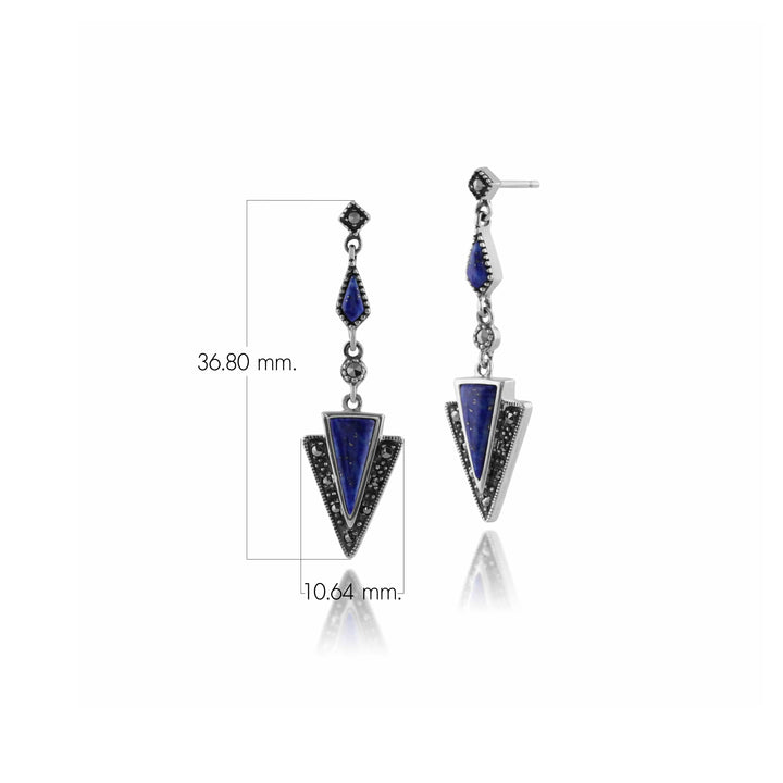 Dreieckige Lapislazuli- und Markasit-Ohrringe im Art-Deco-Stil aus 925er Sterlingsilber