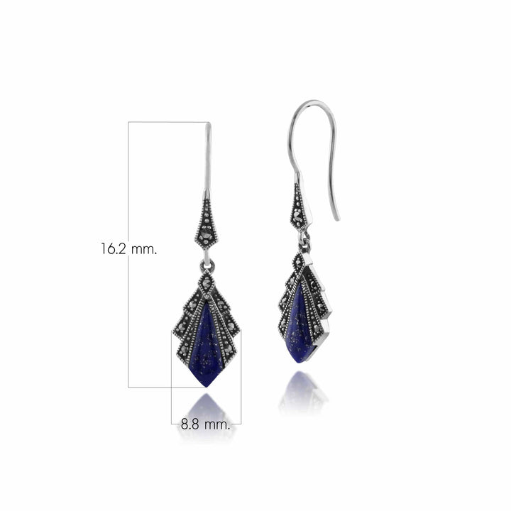 Diamant-Lapislazuli- und Markasit-Tropfenohrringe im Art-Deco-Stil aus 925er Sterlingsilber