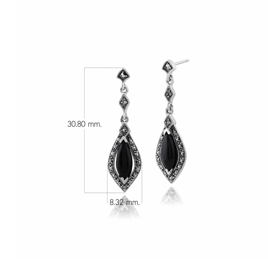 Art Deco Marquise Halo-Ohrringe aus schwarzem Onyx und Markasit aus 925er Sterlingsilber