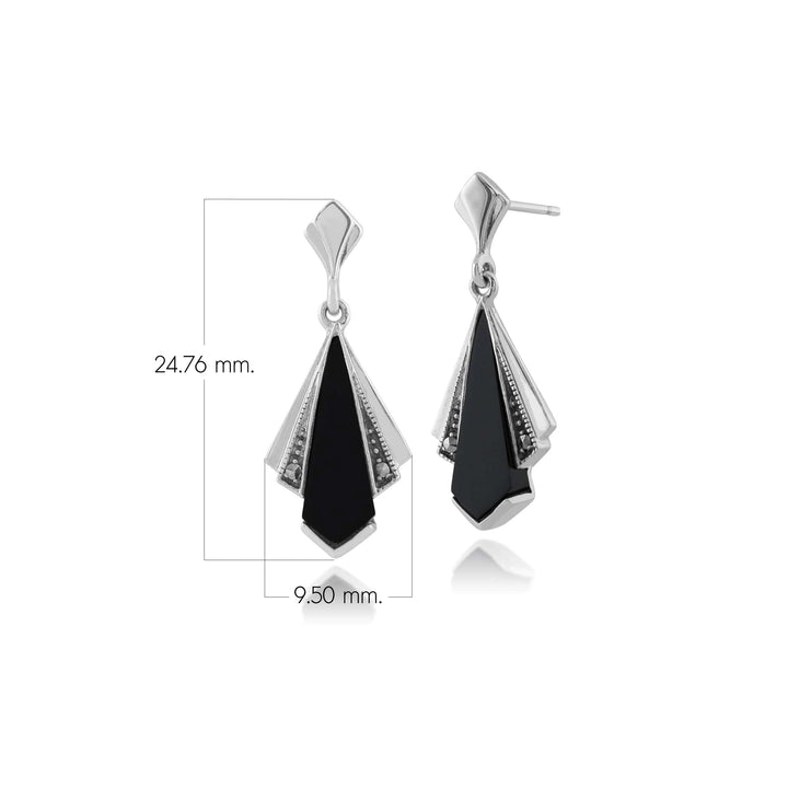 Fächer-Ohrhänger aus schwarzem Onyx und Markasit im Art-Deco-Stil aus 925er Sterlingsilber