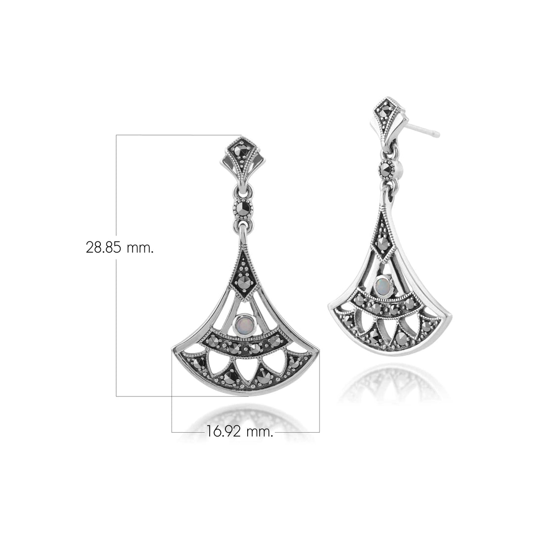 Runde Opal- &amp; Markasit-Ohrringe im Art-Deco-Stil mit durchbrochenen Fächern aus 925er Sterlingsilber