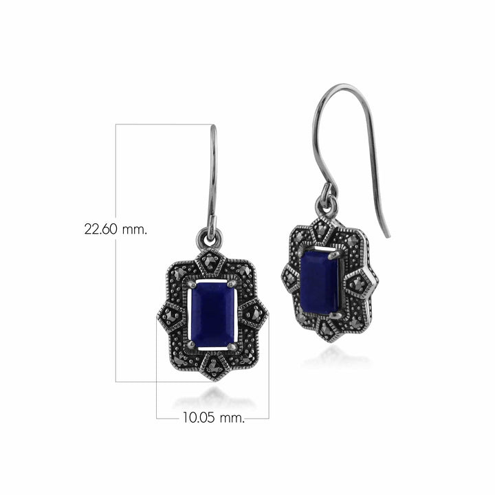 Achteckige Lapislazuli- und Markasit-Tropfenohrringe im Art-Deco-Stil aus 925er Sterlingsilber