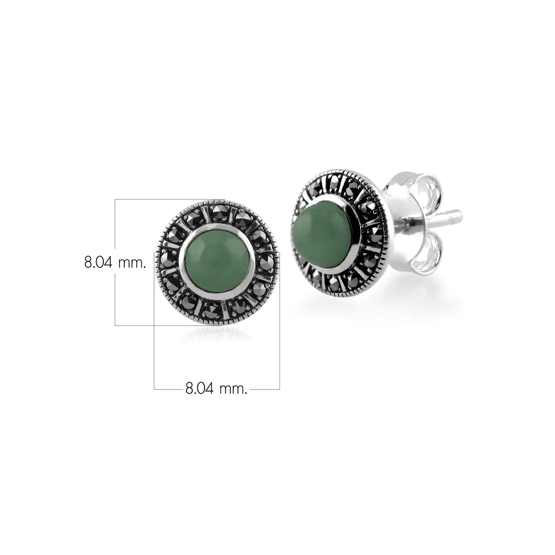 Art-Deco-Stil Runde Halo-Ohrstecker aus grüner Jade und Markasit aus 925er Sterlingsilber