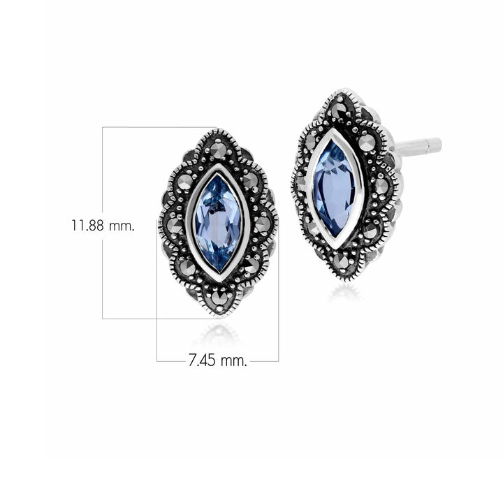 Art Nouveau Marquise Blue Topas & Markasit Ohrstecker in 925 Sterling Silber