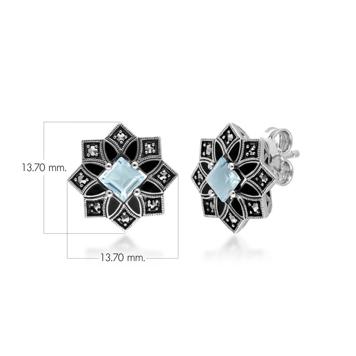 Art-Deco-inspirierte Stern-Ohrstecker mit blauem Topas und Markasit