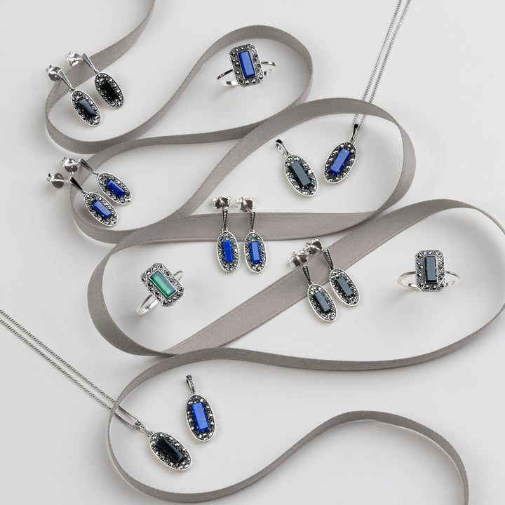 Ovale Tropfenohrringe aus Onyx, Markasit und schwarzem Emaille im Art-Deco-Stil aus Sterlingsilber