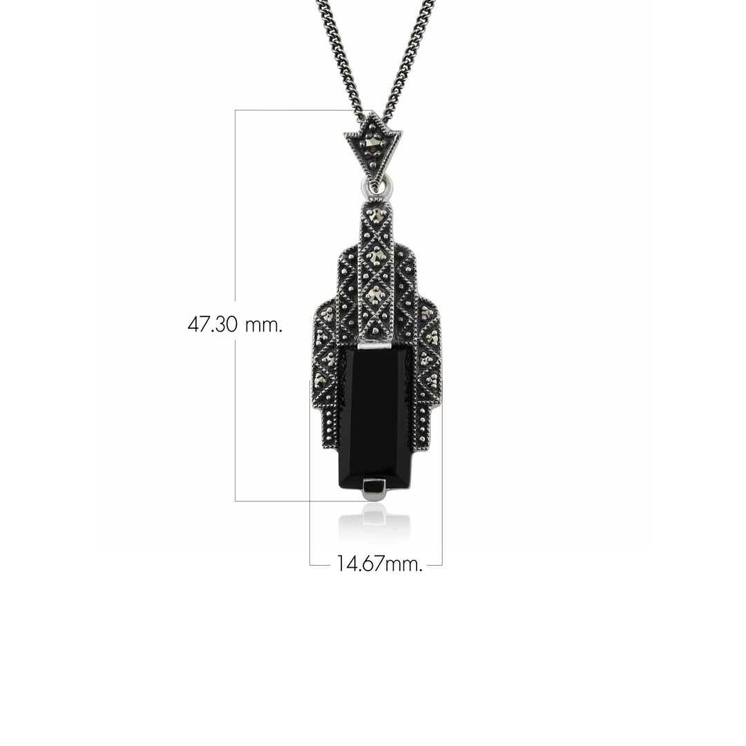 Art-Deco-Stil, rechteckig, schwarzer Onyx, Cabochon und Markasit-Halskette aus Sterlingsilber
