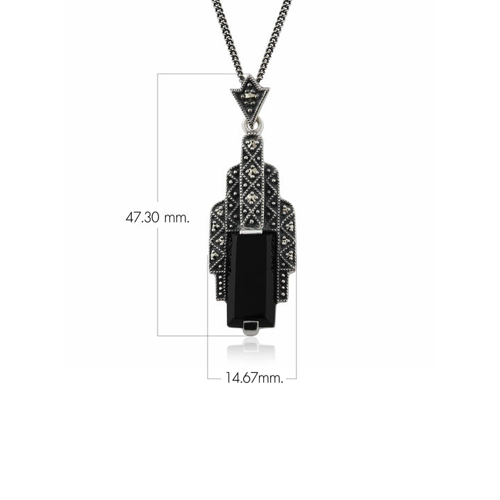 Art-Deco-Stil, rechteckig, schwarzer Onyx, Cabochon und Markasit-Halskette aus Sterlingsilber
