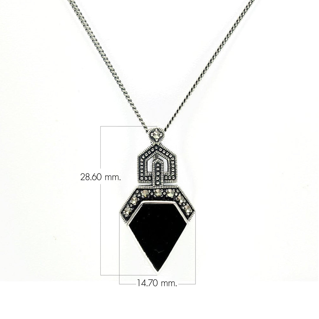Unregelmäßig geschliffener Onyx- und Markasit-Anhänger im Art-Deco-Stil aus 925er Sterlingsilber